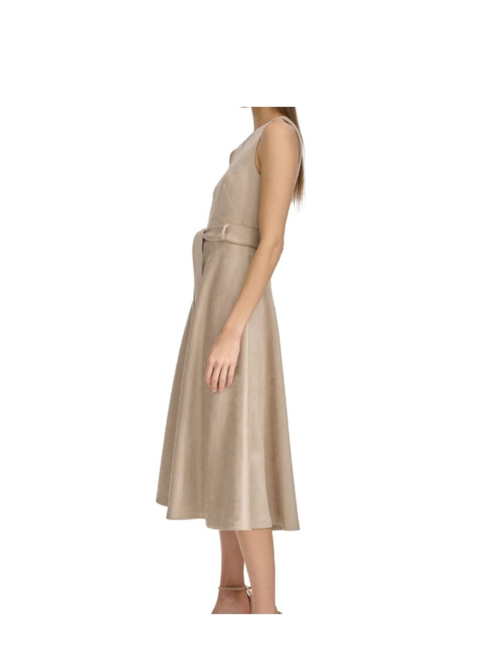 Andrew Marc Sleeveless Midi Dress in Taupe Beige with Waist Tie